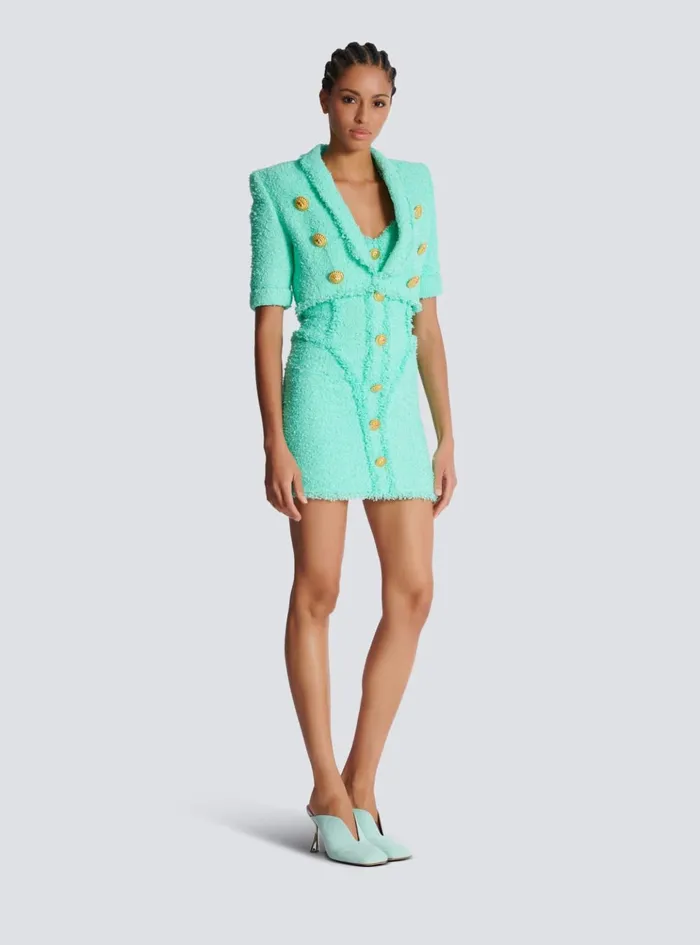 6button Cropped Tweed Jacket Blue Women Balmain Jackets And Blazers