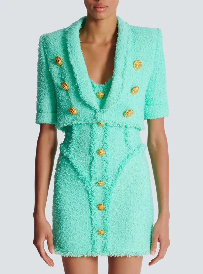 6button Cropped Tweed Jacket Blue Women Balmain Jackets And Blazers