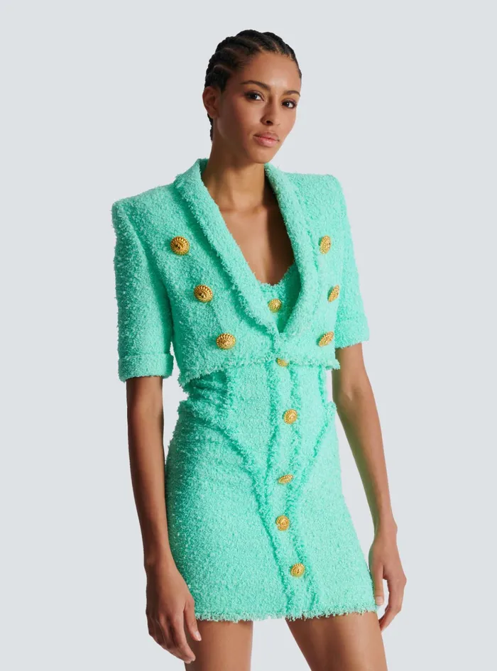 6button Cropped Tweed Jacket Blue Women Balmain Jackets And Blazers