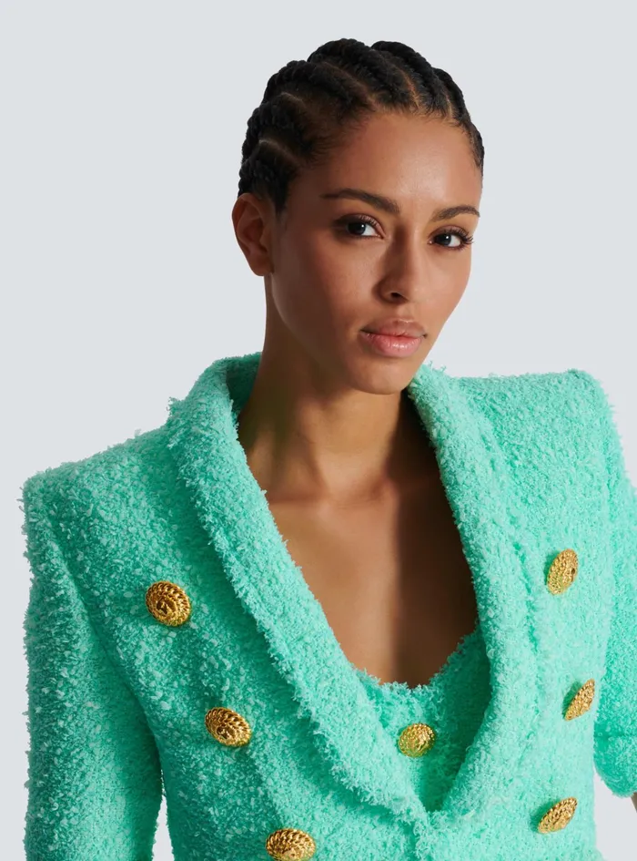 6button Cropped Tweed Jacket Blue Women Balmain Jackets And Blazers