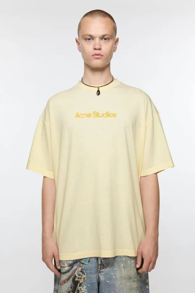 Acne Studios Blurred Logo Tshirt 8211 Relaxed Unisex Fit Pale Yellow Men Tshirts