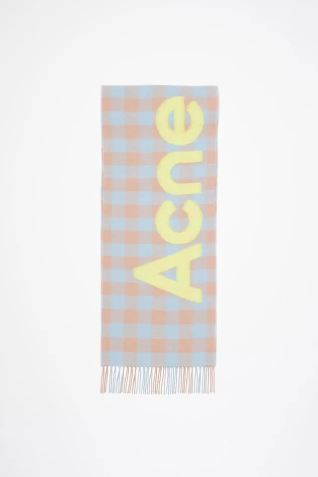 Acne Studios Check Logo Scarf Camel Beigeacid Green Men Scarves