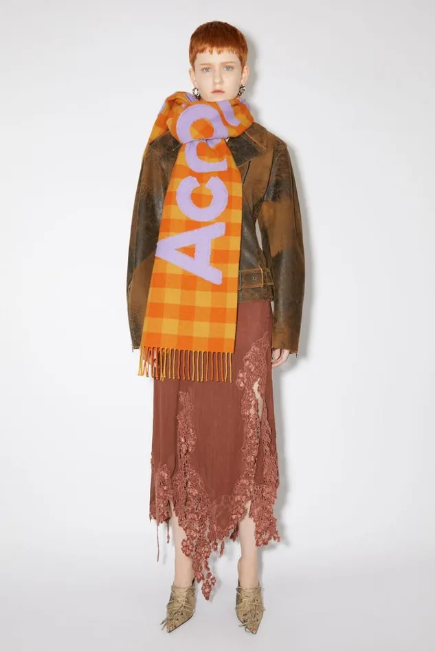 Acne Studios Check Logo Scarf Orangelilac Purple Men Scarves Acne Studios Check Logo Scarf Orangelilac Purple Men Scarves