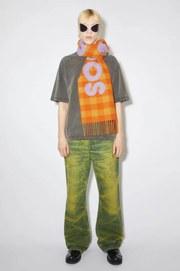 Acne Studios Check Logo Scarf Orangelilac Purple Men Scarves Acne Studios Check Logo Scarf Orangelilac Purple Men Scarves
