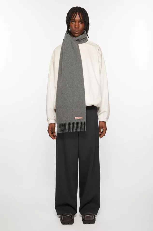 Acne Studios Fringe Wool Scarf 8211 Skinny Grey Melange Men Scarves Acne Studios Fringe Wool Scarf 8211 Skinny Grey Melange Men Scarves