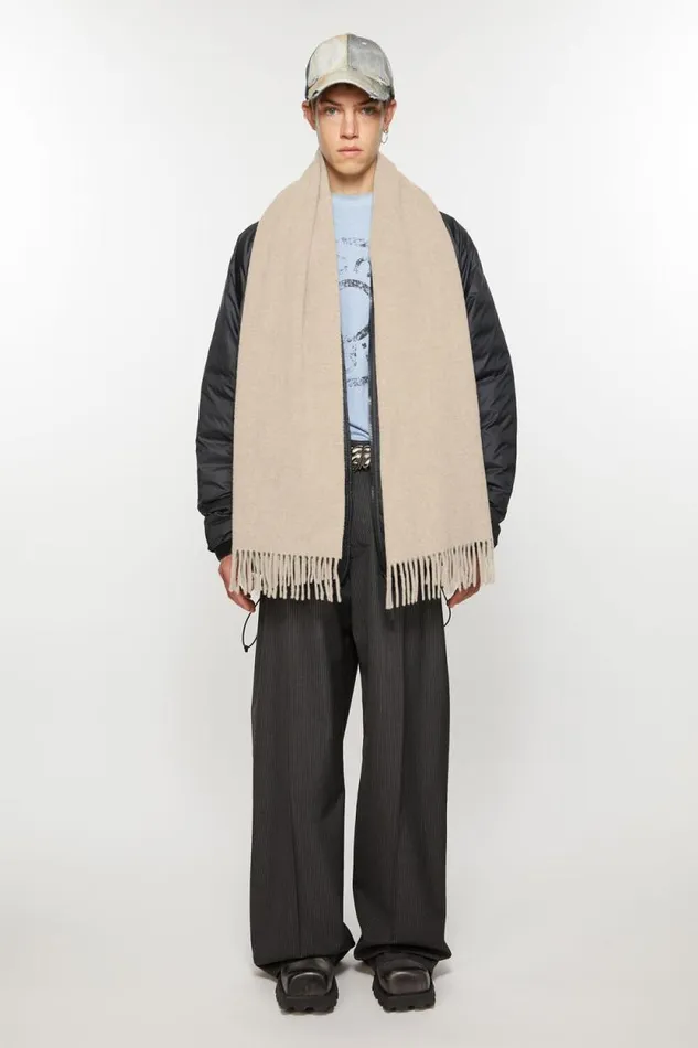 Acne Studios Fringe Wool Scarf Narrow Oatmeal Melange Men Scarves Acne Studios Fringe Wool Scarf Narrow Oatmeal Melange Men Scarves
