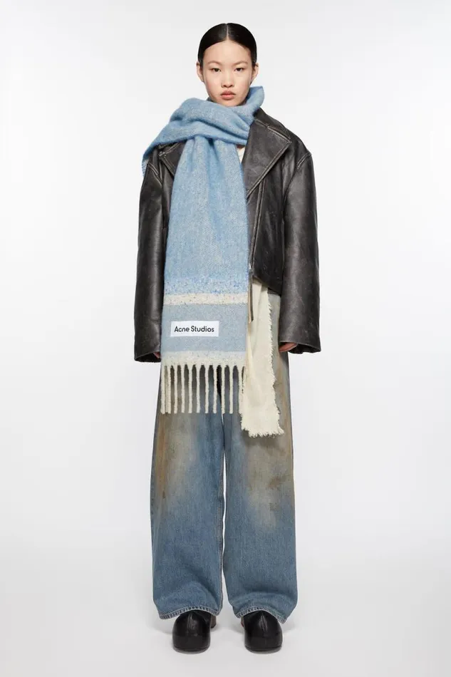 Acne Studios Fringed Scarf Logo Denim Blue Women Scarves Acne Studios Fringed Scarf Logo Denim Blue Women Scarves