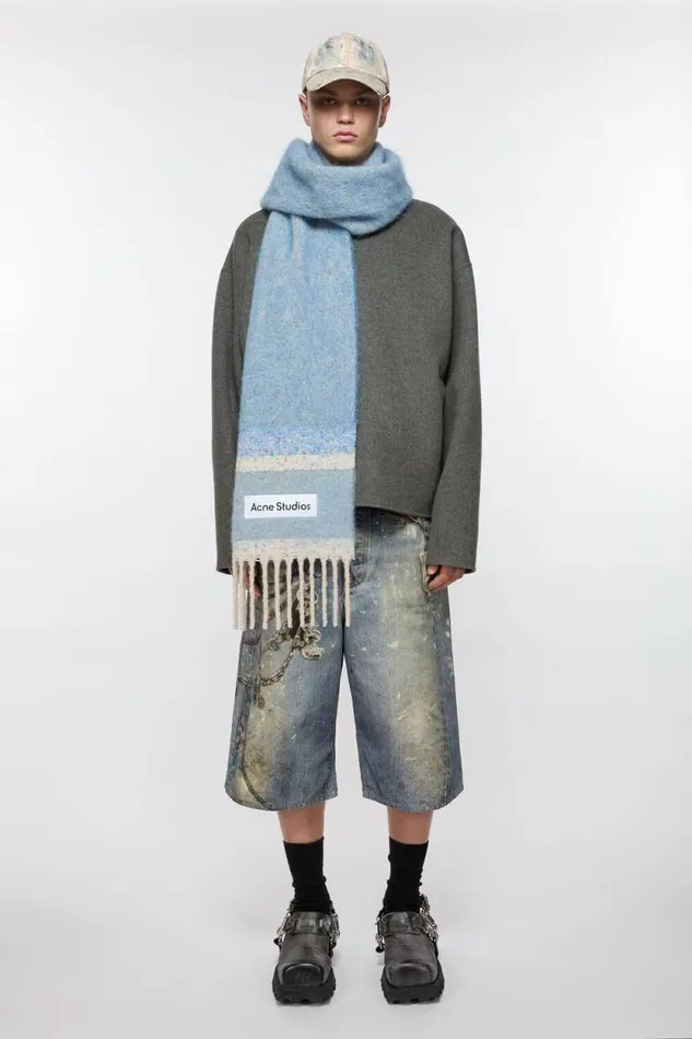 Acne Studios Fringed Scarf Logo Denim Blue Women Scarves Acne Studios Fringed Scarf Logo Denim Blue Women Scarves