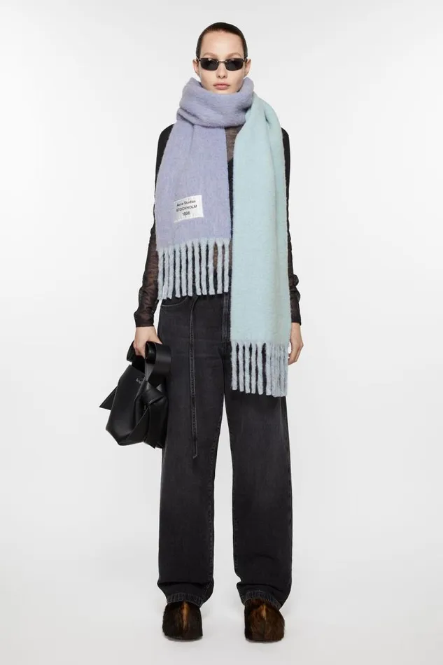 Acne Studios Fringed Scarf Logo Label Bluelight Blue Women Scarves Acne Studios Fringed Scarf Logo Label Bluelight Blue Women Scarves