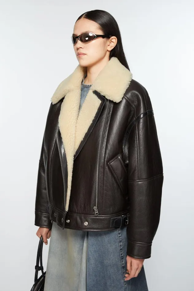 Acne Studios Leather Shearling Jacket Dark Brownbeige Women Outerwear Acne Studios Leather Shearling Jacket Dark Brownbeige Women Outerwear