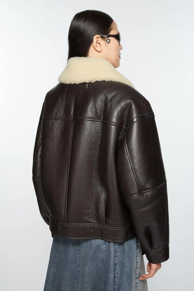 Acne Studios Leather Shearling Jacket Dark Brownbeige Women Outerwear Acne Studios Leather Shearling Jacket Dark Brownbeige Women Outerwear