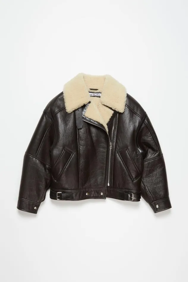 Acne Studios Leather Shearling Jacket Dark Brownbeige Women Outerwear Acne Studios Leather Shearling Jacket Dark Brownbeige Women Outerwear
