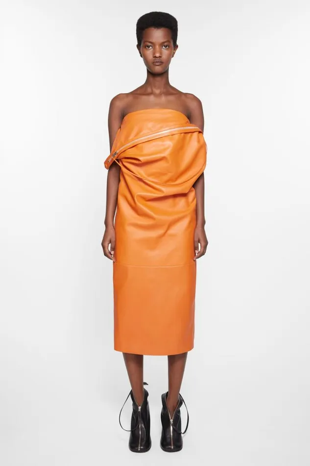 Acne Studios Leather Zipper Tape Dress Apricot Orange Women Dresses