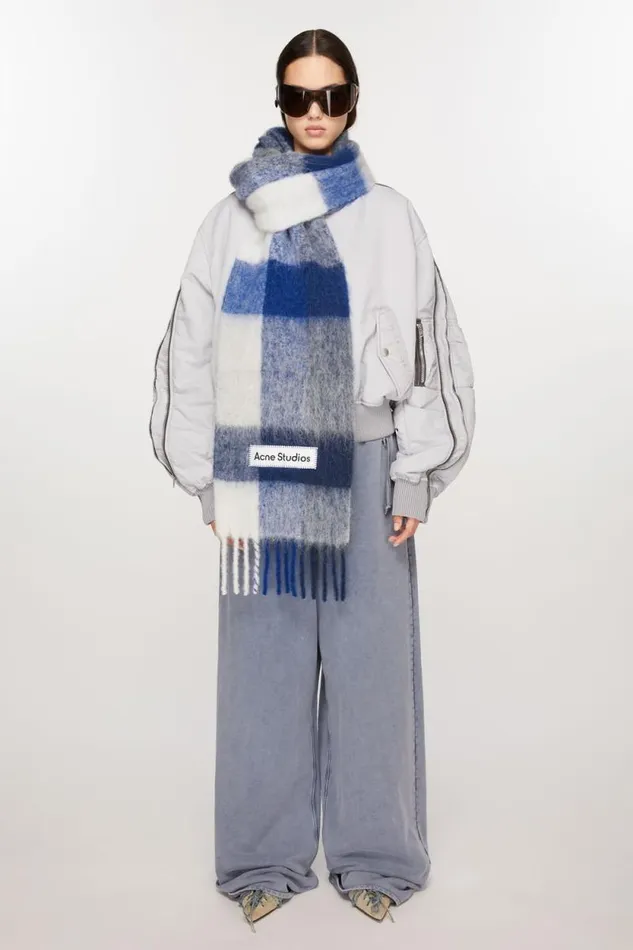 Acne Studios Mohair Checked Scarf Whitegreyroyal Blue Men Scarves Acne Studios Mohair Checked Scarf Whitegreyroyal Blue Men Scarves