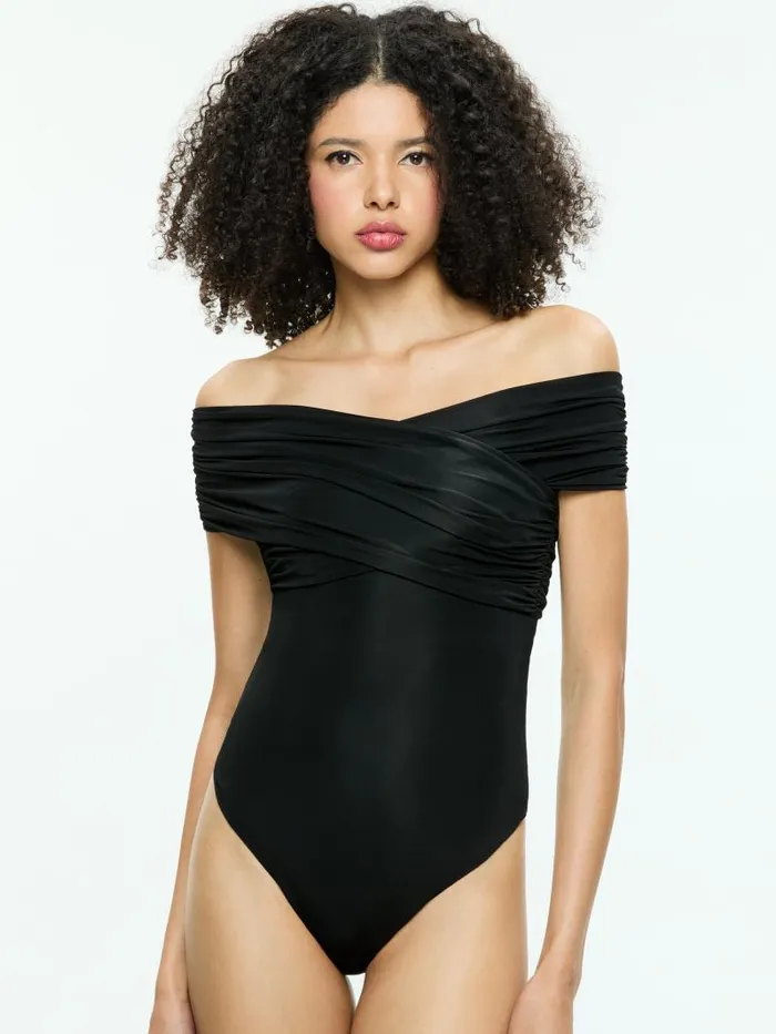 Alice Olivia AVERNE OFF THE SHOULDER CROSS BODYSUIT Black Women Tops