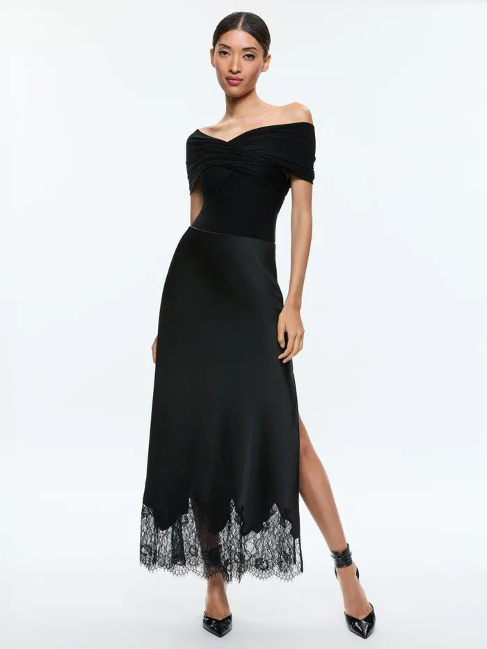 Alice Olivia AVERNE OFF THE SHOULDER CROSS BODYSUIT Black Women Tops