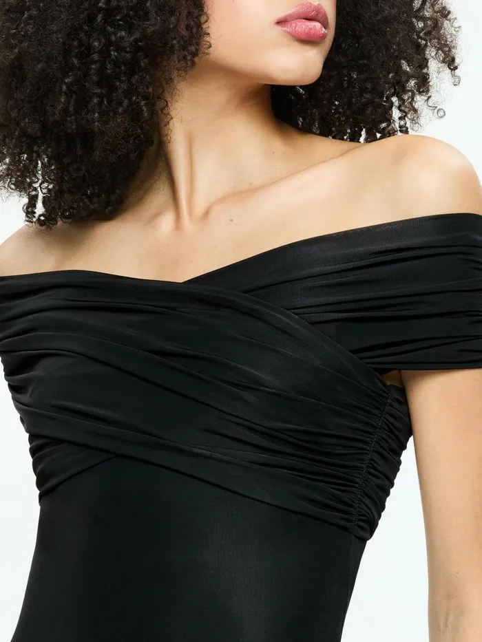 Alice Olivia AVERNE OFF THE SHOULDER CROSS BODYSUIT Black Women Tops
