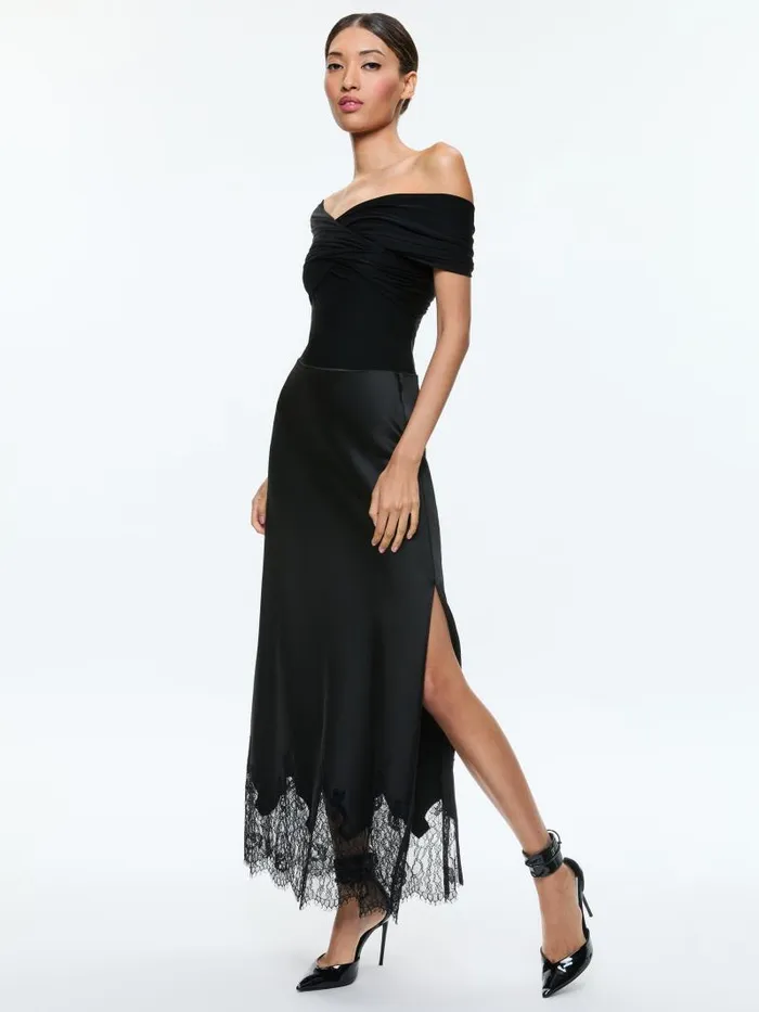 Alice Olivia AVERNE OFF THE SHOULDER CROSS BODYSUIT Black Women Tops