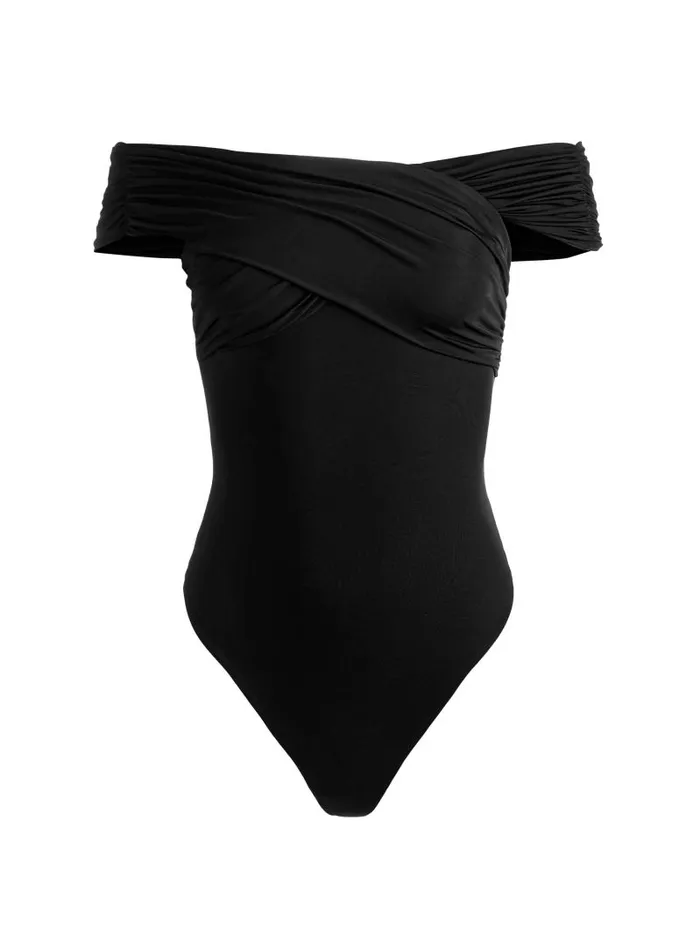 Alice Olivia AVERNE OFF THE SHOULDER CROSS BODYSUIT Black Women Tops