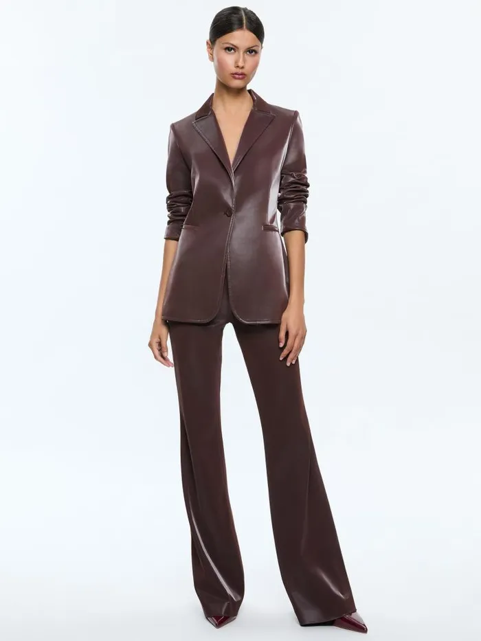 Alice Olivia BREANN VEGAN LEATHER LONG FITTED BLAZER Espresso Women Jackets Coats