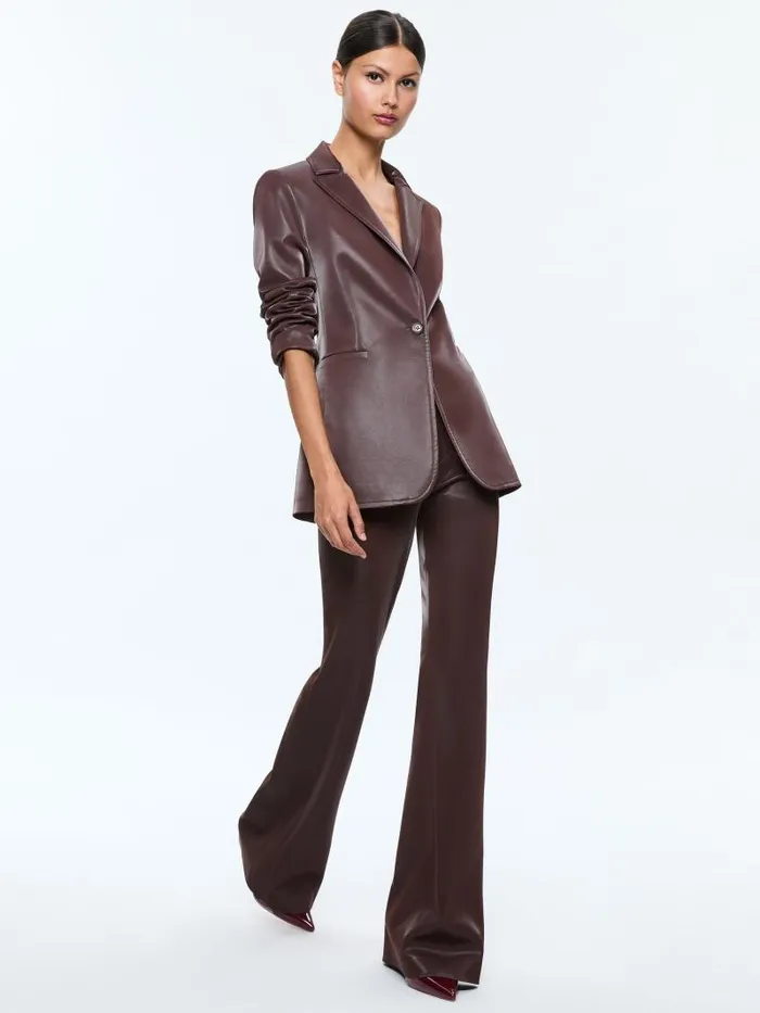 Alice Olivia BREANN VEGAN LEATHER LONG FITTED BLAZER Espresso Women Jackets Coats