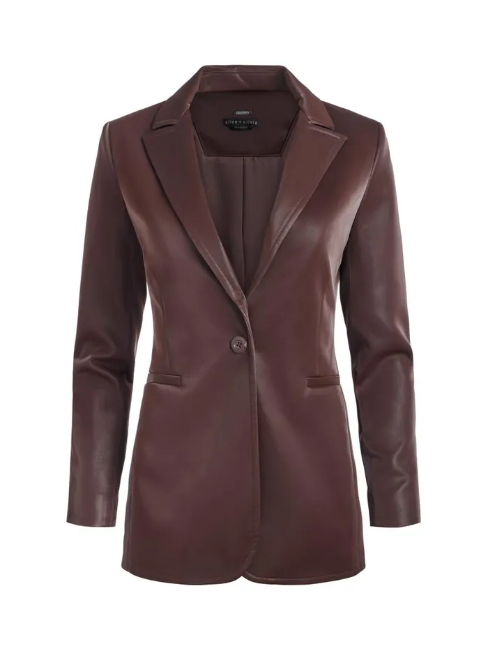 Alice Olivia BREANN VEGAN LEATHER LONG FITTED BLAZER Espresso Women Jackets Coats