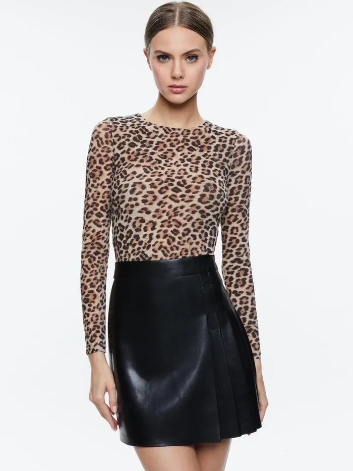 Alice Olivia CHARA LONG SLEEVE PLEATED MINI DRESS Leopard Loveblack Women Dresses