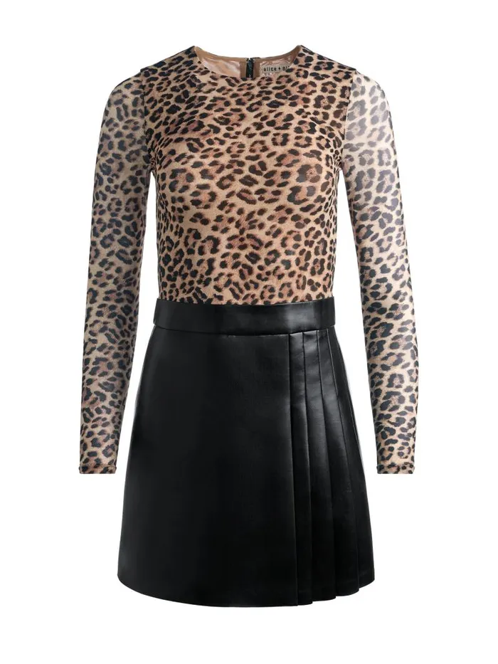 Alice Olivia CHARA LONG SLEEVE PLEATED MINI DRESS Leopard Loveblack Women Dresses