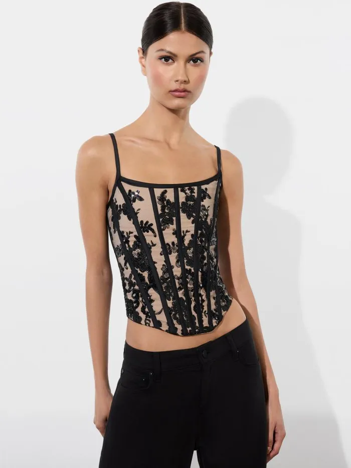 Alice Olivia CRESSIDA EMBELLISHED SCOOP NECK CORSET TOP Blackalmond Women Tops
