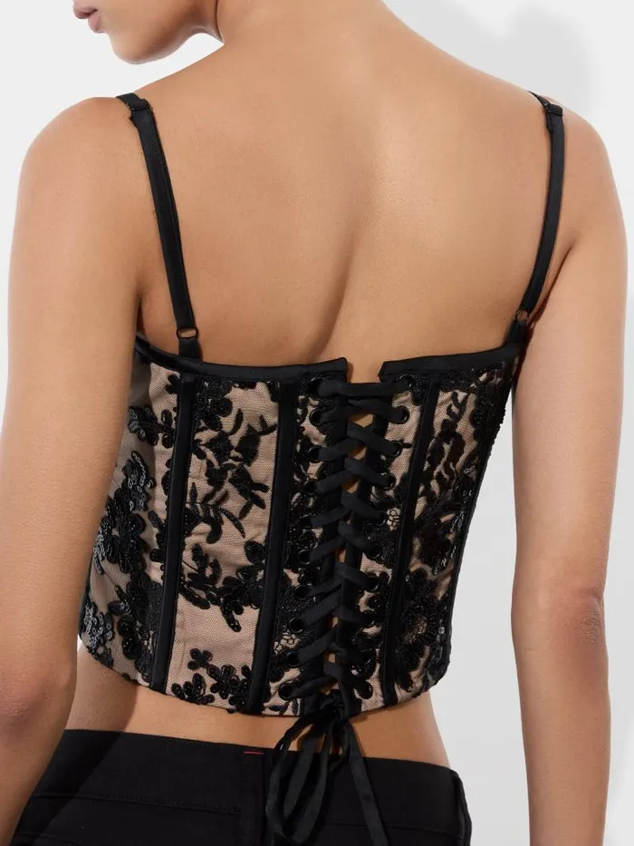 Alice Olivia CRESSIDA EMBELLISHED SCOOP NECK CORSET TOP Blackalmond Women Tops