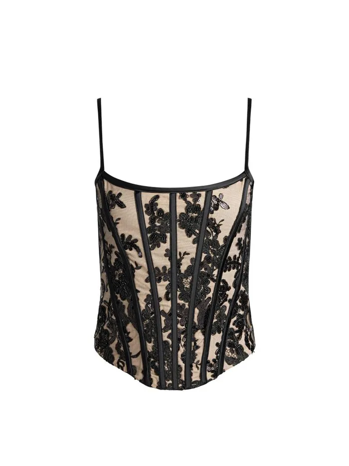 Alice Olivia CRESSIDA EMBELLISHED SCOOP NECK CORSET TOP Blackalmond Women Tops
