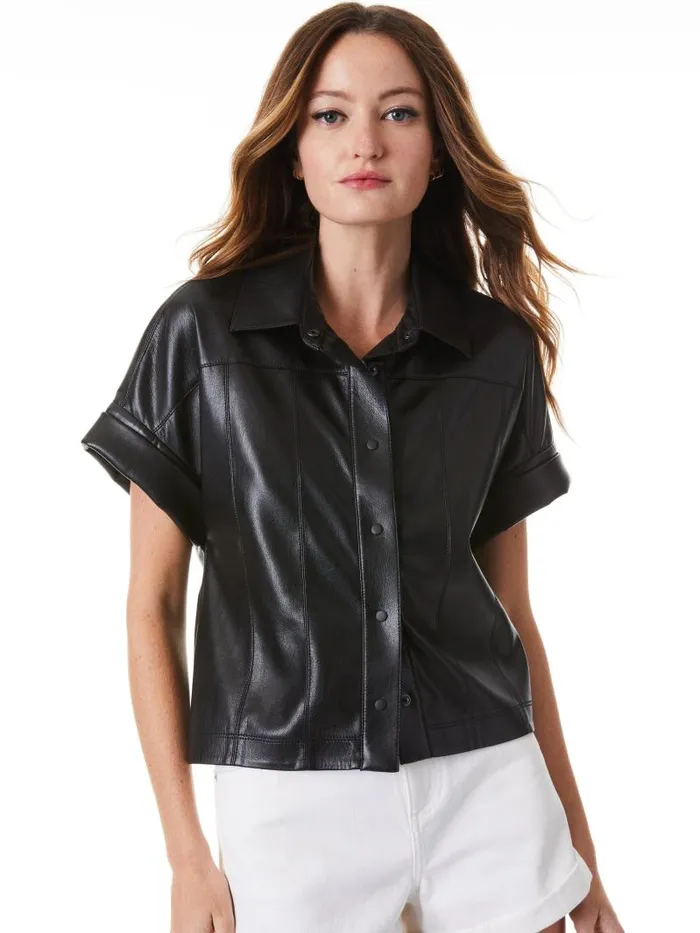 Alice Olivia EDYTH VEGAN LEATHER BUTTON DOWN Black Women Tops