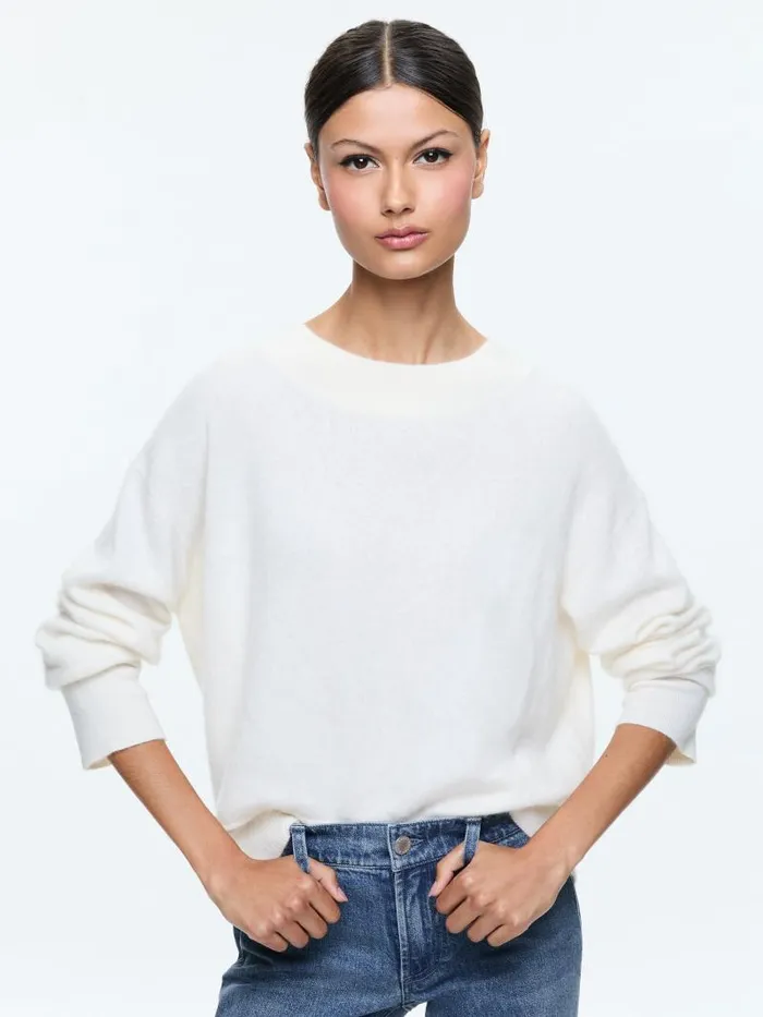 Alice Olivia ELSA CREWNECK EASY PULLOVER Ecru Women Sweaters