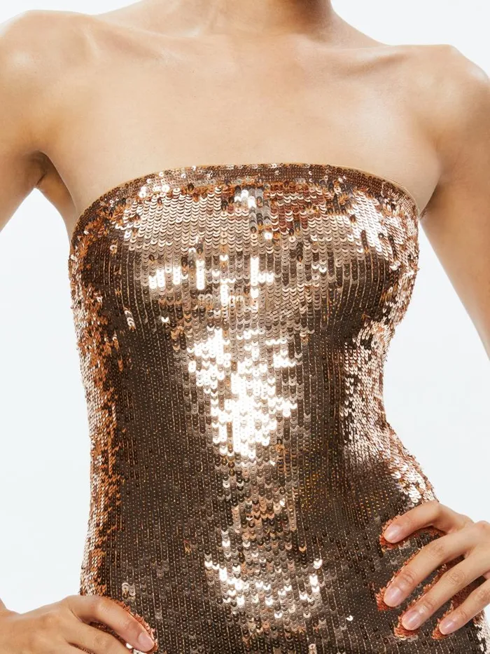 Alice Olivia FIFI SEQUIN STRAPLESS MAXI DRESS Tanbronze Women Dresses