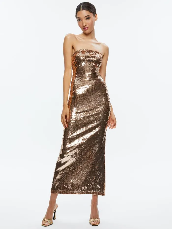 Alice Olivia FIFI SEQUIN STRAPLESS MAXI DRESS Tanbronze Women Dresses