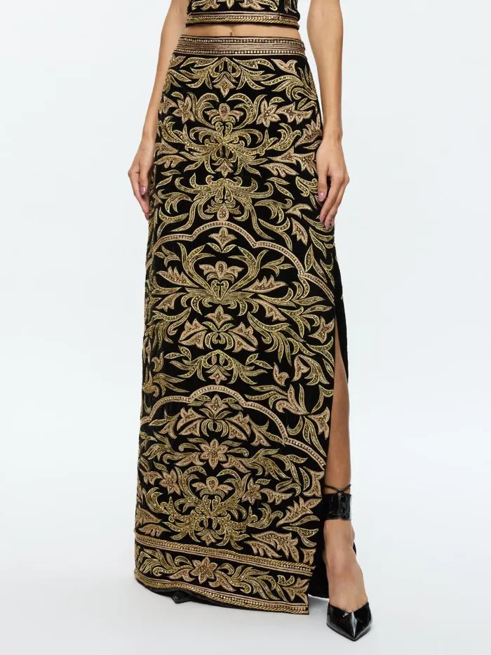 Alice Olivia GEORGIE EMBELLISHED HIGH RISE MAXI SKIRT WITH SLIT Blackgold Women Skirts