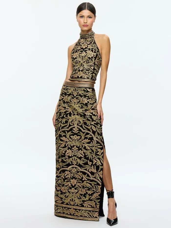 Alice Olivia GEORGIE EMBELLISHED HIGH RISE MAXI SKIRT WITH SLIT Blackgold Women Skirts