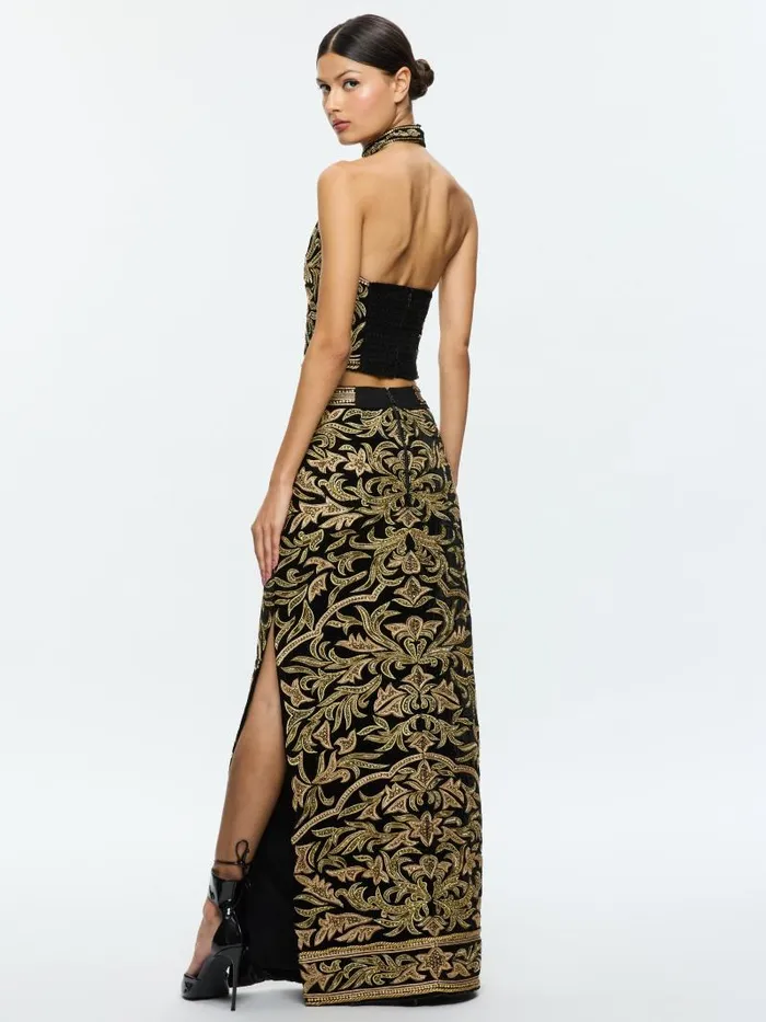 Alice Olivia GEORGIE EMBELLISHED HIGH RISE MAXI SKIRT WITH SLIT Blackgold Women Skirts
