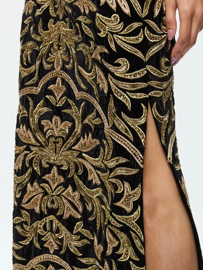 Alice Olivia GEORGIE EMBELLISHED HIGH RISE MAXI SKIRT WITH SLIT Blackgold Women Skirts