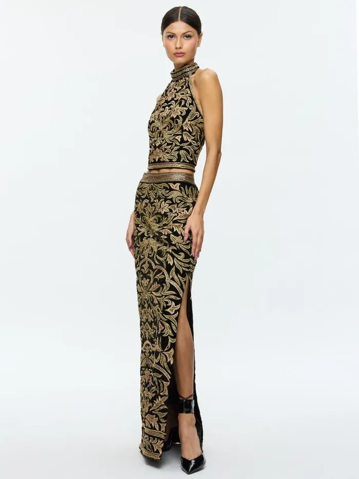 Alice Olivia GEORGIE EMBELLISHED HIGH RISE MAXI SKIRT WITH SLIT Blackgold Women Skirts