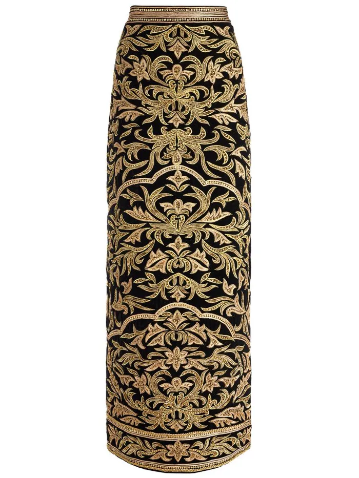 Alice Olivia GEORGIE EMBELLISHED HIGH RISE MAXI SKIRT WITH SLIT Blackgold Women Skirts