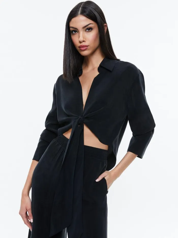 Alice Olivia HANNON TIE FRONT BLOUSE Black Women Tops