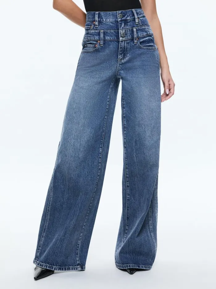 Alice Olivia HIGH RISE DOUBLE WAISTBAND COOL JEAN Brooklyn Blue Women Pants