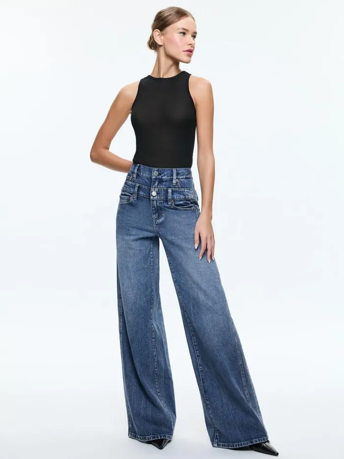 Alice Olivia HIGH RISE DOUBLE WAISTBAND COOL JEAN Brooklyn Blue Women Pants