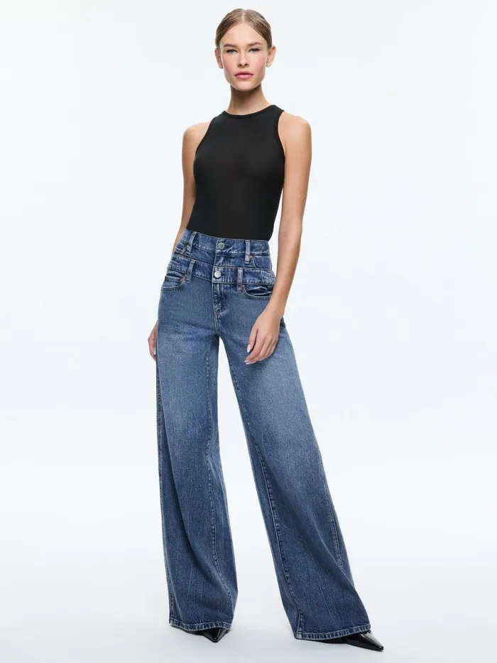 Alice Olivia HIGH RISE DOUBLE WAISTBAND COOL JEAN Brooklyn Blue Women Pants