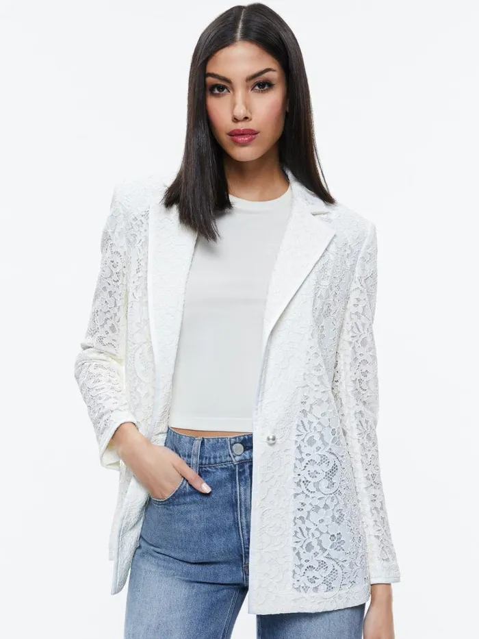 Alice Olivia JUDITH SHEER LACE SHAWL COLLAR BLAZER Off White Women Jackets Coats