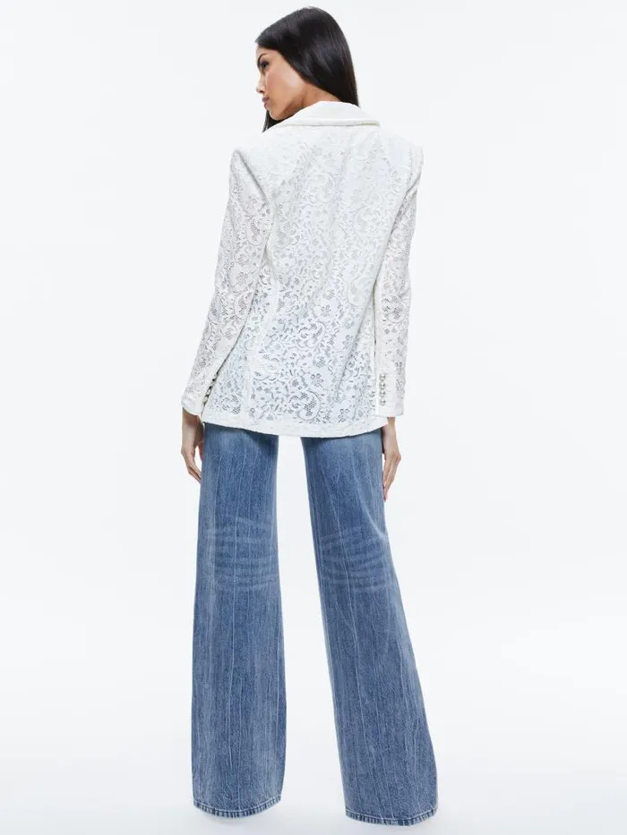 Alice Olivia JUDITH SHEER LACE SHAWL COLLAR BLAZER Off White Women Jackets Coats