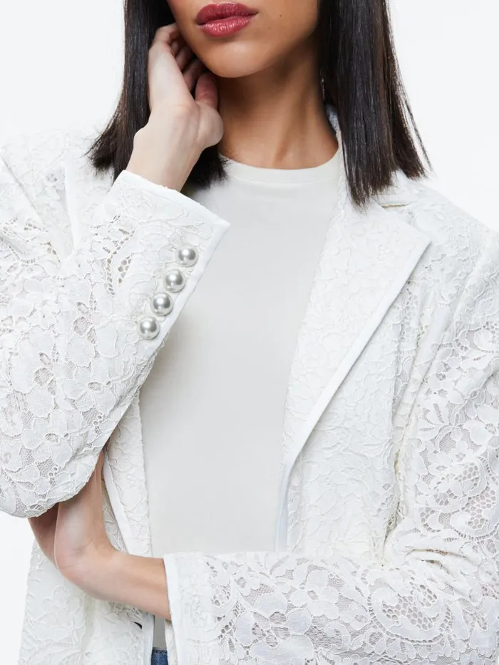 Alice Olivia JUDITH SHEER LACE SHAWL COLLAR BLAZER Off White Women Jackets Coats