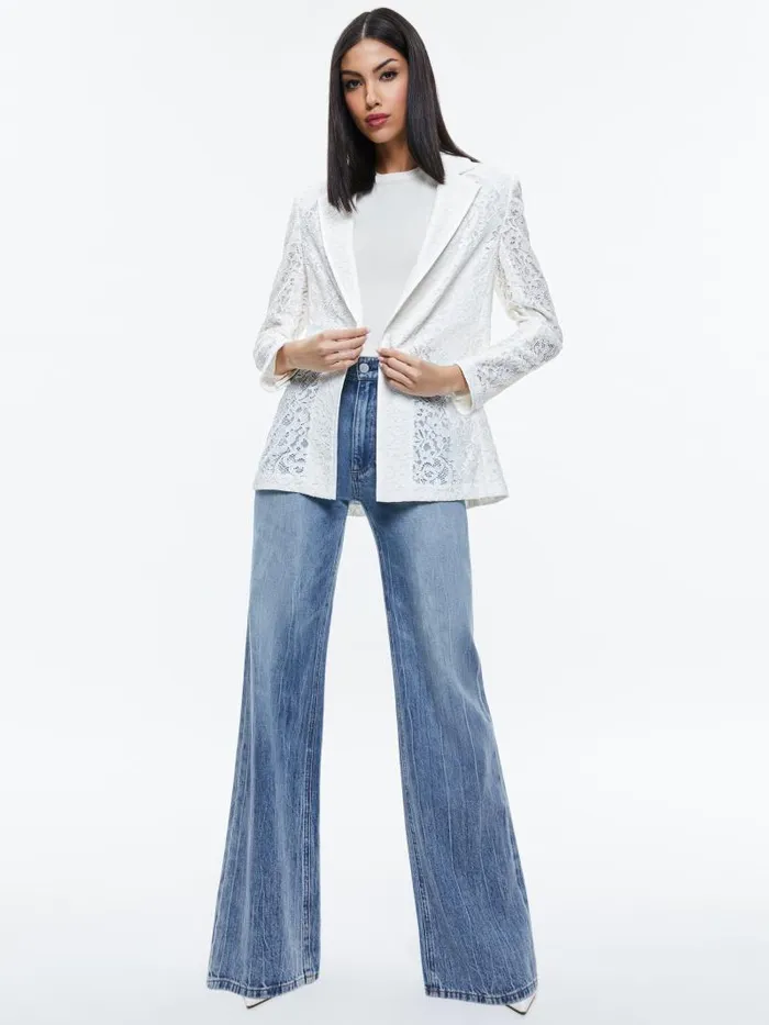Alice Olivia JUDITH SHEER LACE SHAWL COLLAR BLAZER Off White Women Jackets Coats