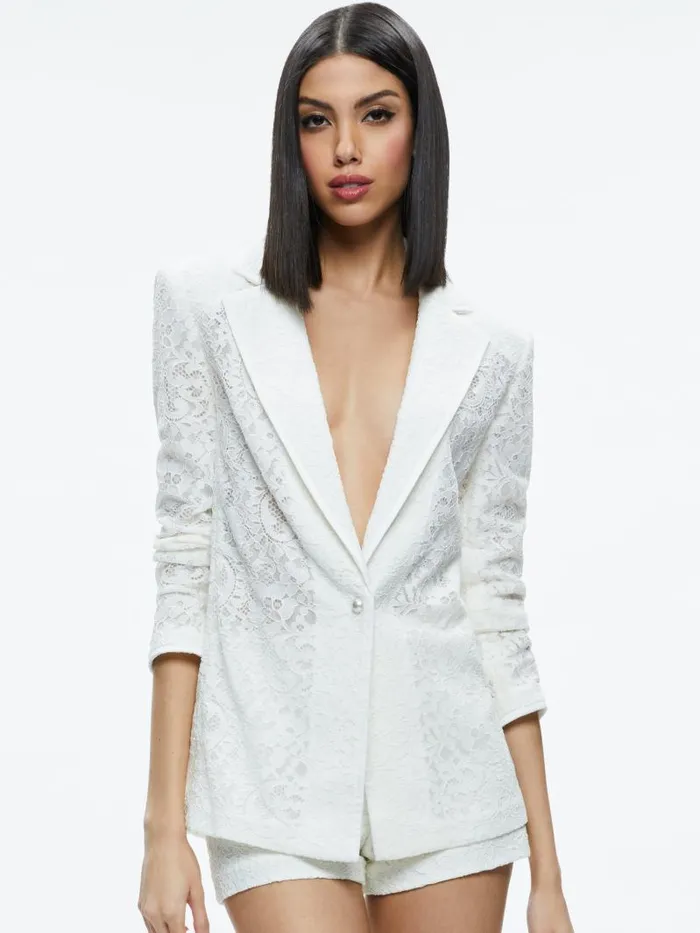 Alice Olivia JUDITH SHEER LACE SHAWL COLLAR BLAZER Off White Women Jackets Coats